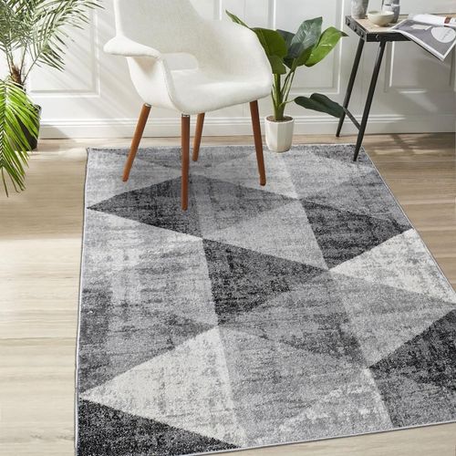 Tapis Chambre 150x220 Tissé Gris Et Crème Rectangle Motif Géométrique Soltam