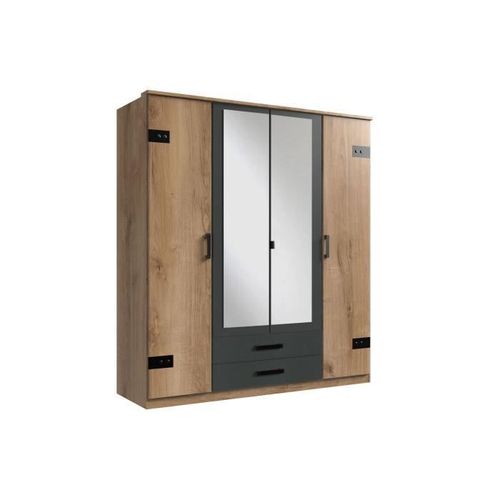 Armoire De Chambre - Décor Chene Et Graphite - 4 Portes - Style Industriel - L180 X P58 X H199 Cm - Cork