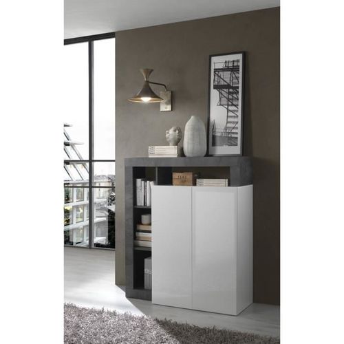 Buffet 2 Portes - Blanc Lacqué Brillant Et Imitation Oxyde - L 108 X P 42 X H 93 Cm - Maestro