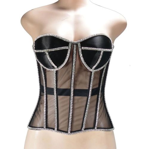 Corset Sans Bretelles,Haut Transparent Brillant Avec Strass,Bustier De Luxe