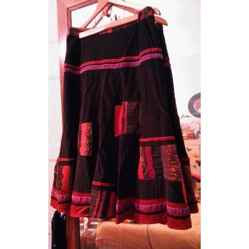 Jupe Longue En Velours Marron/Orange Motifs Cousus Colorés 40 L Femmes Je Vous Aime.