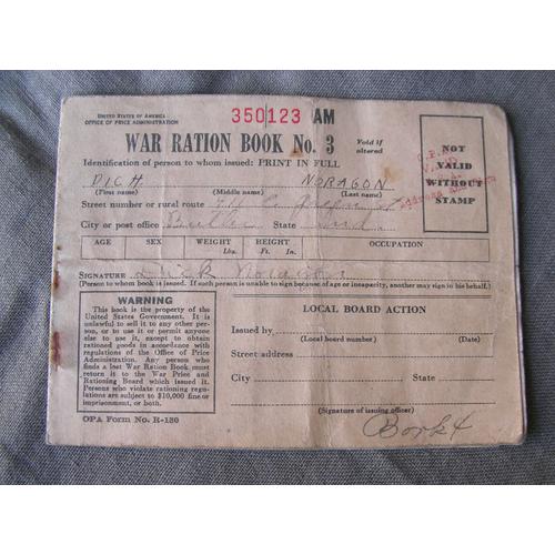 Ww2 Us Carnet De Rationnement Américain " War Ration Book Three " Personnalisé 1943 N°350123