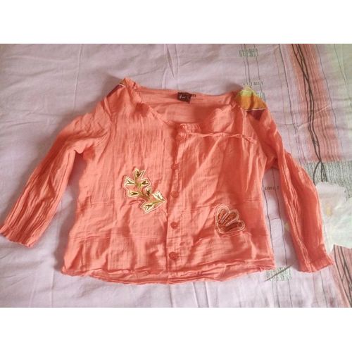 Chemisier Court Orange Fleurs Brodées Tilber 38 Manche 3/4 Très Bon État