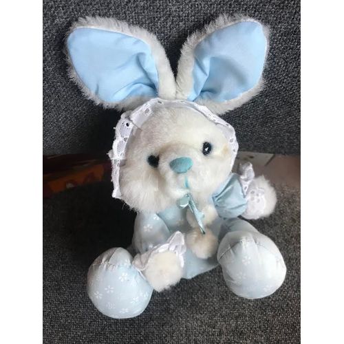 Peluche Doudou Lapin Souriant Vintage Bleu Et Blanc Pompon Gipsy 20 Cm