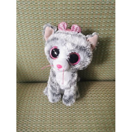 Doudou Peluche Chat Gris Tigré Noeud Yeux Rose Paillettes Ty