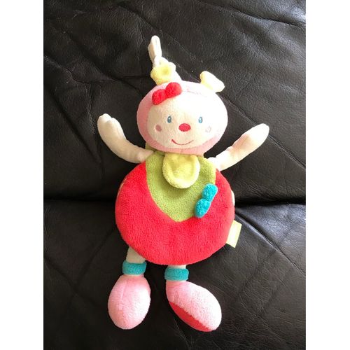 Doudou Peluche  Abeille Coccinelle Babysun Noeud Rouge Tête Rose Pouet 20cm