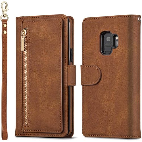 Etui Pour Samsung Galaxy S9, Coque En Cuir Premium Avec Porte-Carte Grande Capacite Et Support Housse De Protection Multifonctionnelle Compatible Avec Samsung Galaxy S9 - Marron
