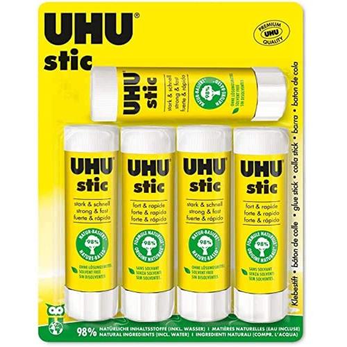 UHU Stic Batons de Colle sans solvant, 40 g, Lot de 5, Blanc, 5 x 40 g Stic