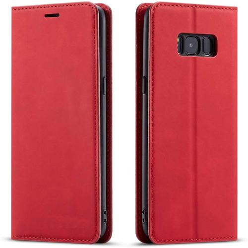 Etui De Protection En Cuir Fin, A Rabat - Pour Samsung Galaxy S7 - Avec Compartiment Pour Cartes - Rouge