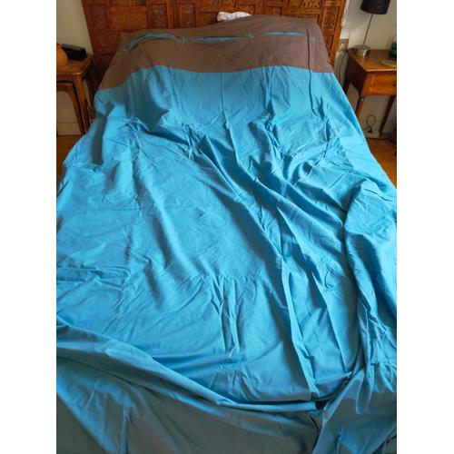 Grand Drap Plat Bleu & Marron Pour Lit 2 Personnes