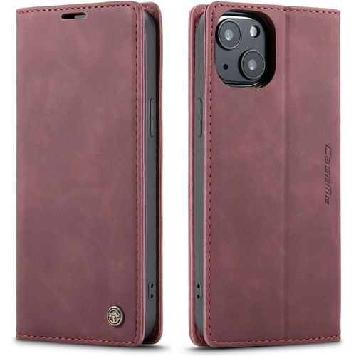 Coque Compatible Avec Iphone 13(6.1),Etui En Cuir Flip Housse Portefeuille Avec Magnetique Case Bumper Coque-Rouge