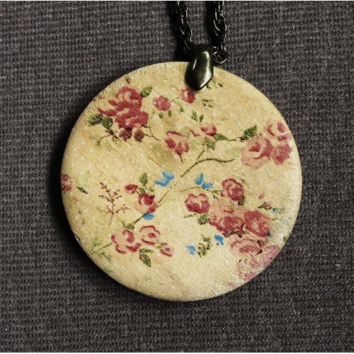Pendentif / Médaillon En Bois Décor Floral Ø 4 Cm Et Sa Chaîne De 90 Cm