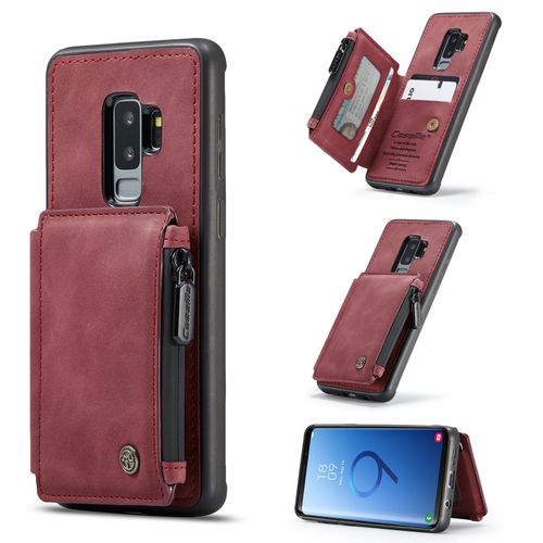 Coque Samsung Galaxy S9 Plus, Etui Portefeuille 3 Emplacements Pour Cartes, 1 Money Pocket,Portefeuille À Fermeture À Glissière Pour Samsung Galaxy S9 Plus,Rouge