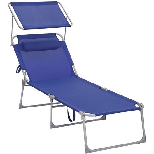 Chaise Longue Bain De Soleil Transat De Relaxation Grand Modèle 71 X 200 X 38 Cm Charge 150 Kg Avec Appui Tête Dossier Et Parasol Inclinables Pliable Bleu Foncéhelloshop26 12_0001106