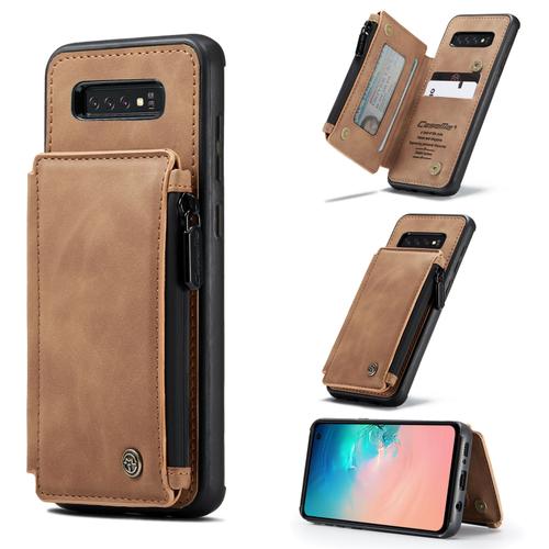 Coque Samsung Galaxy S10, Etui Portefeuille 3 Emplacements Pour Cartes, 1 Money Pocket,Portefeuille À Fermeture À Glissière Pour Samsung Galaxy S10,Marron