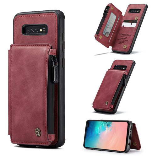 Coque Samsung Galaxy S10 Plus, Etui Portefeuille 3 Emplacements Pour Cartes, 1 Money Pocket,Portefeuille À Fermeture À Glissière Pour Samsung Galaxy S10 Plus,Rouge