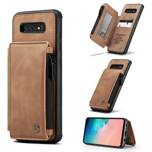 Coque Samsung Galaxy S10 Plus, Etui Portefeuille 3 Emplacements Pour Cartes, 1 Money Pocket,Portefeuille À Fermeture À Glissière Pour Samsung Galaxy S10 Plus,Marron