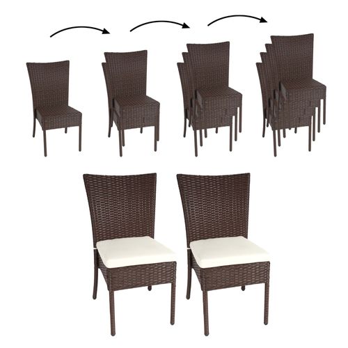 2x Chaise En Poly Rotin Hwc-G19, Chaise De Balcon Chaise De Jardin, Empilable   Brun, Coussin Crème