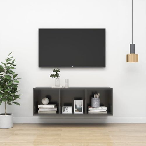 Vidaxl Meuble Tv Mural Gris Brillant 37x37x107 Cm Bois D'ingénierie