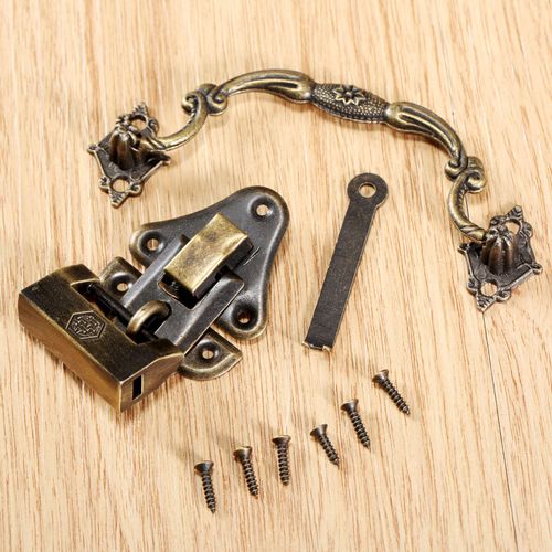 Boîte à bijoux en Bronze Antique 1 pièce, boîte en bois, loquet à bascule + 1 pièce ancienne serrure chinoise + 1 pièce poignée de traction accessoires de meubles en fer