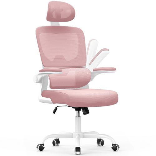 Chaise De Bureau - Naspaluro Ergonomique Siège - Fauteuil Avec Accoudoir Rabattable À 90° - Support Lombaire Adaptatif - Réglable En Hauteur -Rose