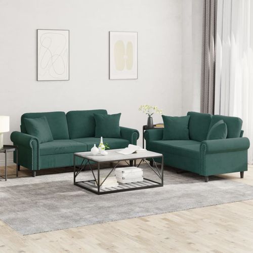 Vidaxl Ensemble De Canapés 2 Pcs Avec Coussins Vert Foncé Velours