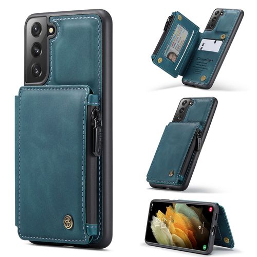 Coque Samsung Galaxy S21, Etui Portefeuille 3 Emplacements Pour Cartes, 1 Money Pocket,Portefeuille À Fermeture À Glissière Pour Samsung Galaxy S21,Bleu