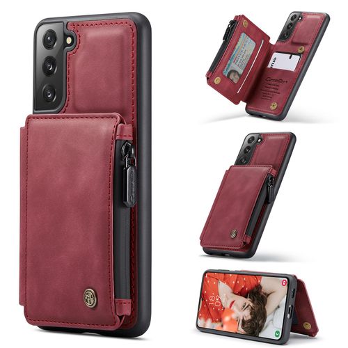 Coque Samsung Galaxy S21 Fe, Etui Portefeuille 3 Emplacements Pour Cartes, 1 Money Pocket,Portefeuille À Fermeture À Glissière Pour Samsung Galaxy S21 Fe,Rouge