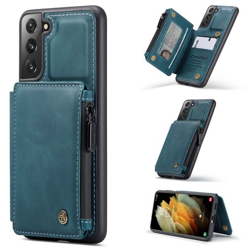 Coque Samsung Galaxy S21 Plus, Etui Portefeuille 3 Emplacements Pour Cartes, 1 Money Pocket,Portefeuille À Fermeture À Glissière Pour Samsung Galaxy S21 Plus,Bleu