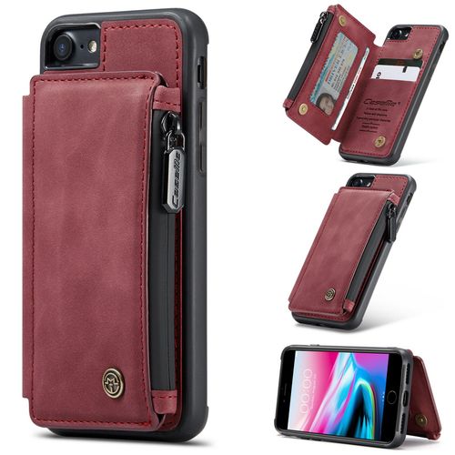 Coque Iphone 7, Etui Portefeuille 3 Emplacements Pour Cartes, 1 Money Pocket,Portefeuille À Fermeture À Glissière Pour Iphone 7,Rouge