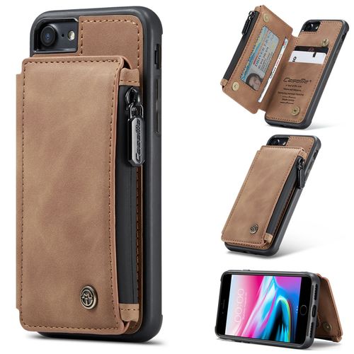 Coque Iphone 7, Etui Portefeuille 3 Emplacements Pour Cartes, 1 Money Pocket,Portefeuille À Fermeture À Glissière Pour Iphone 7,Marron