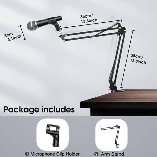 Microphone - Micro Boom Bras De Bureau avec Support Pour Téléphone, Boom Suspension Support Adaptateur Pince Pour micro Smartphone Tablette Anneau Lumineux