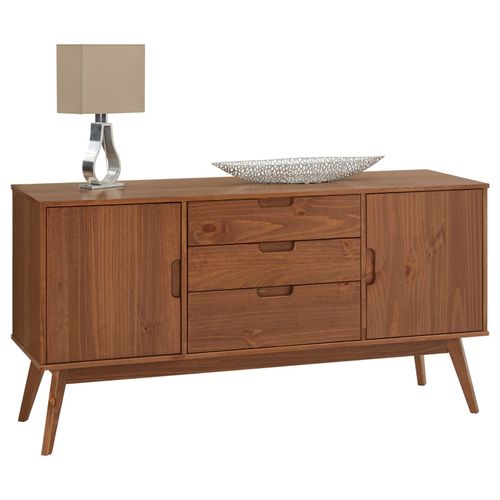 Buffet Tivoli Design Vintage Scandinave Nordique Commode Bahut Vaisselier Avec 3 Tiroirs 2 Portes, En Pin Massif Lasuré Brun Foncé