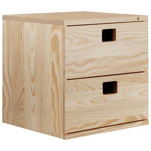 Cube de rangement 2 tiroirs pin masif - 36.2 x 36.2 x 33 cm - bois brut