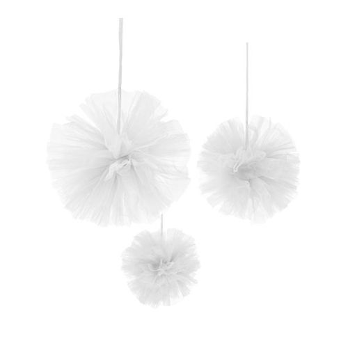 3 Pompons À Suspendre En Tulle Blanc 15, 20 Et 30 Cm