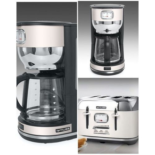Cafetiere Retro Vintage Sans Fil 1.4l 1000w Beige Inox + Grille-Pain Beige Inox 1800w 4 Fentes