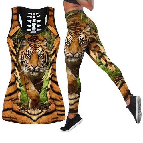 Été Femmes Mode Tigre Doldave Loup Tatouage Imprimé Dehors Yoga Imbibé Commandé Pantalon/Leggings Et Out Précieux Haut Ensemble Xs-8xl