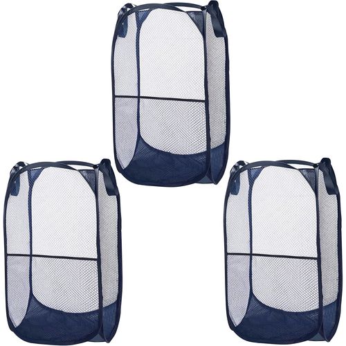 Lot de 3 Panier à Linge Pliable en Maille Bleue - Bac à Linge Sale Pliable, Résistant et Facile à Ouvrir avec des Poignées pour Vêtements, Lessive et Jouets d?Enfants