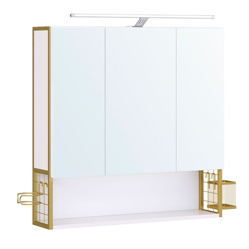 Armoire Murale Avec Miroir, Meuble De Salle De Bain Avec Lampe Led, 70 X 14,5 X 70 Cm, Placard 3 Portes, Blanc Et Doré