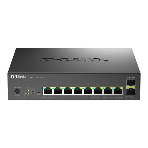 D-Link DMS 1250-10SPL - Commutateur - C2+ - intelligent - 2 x 10/100/1000/2.5G (PoE++) + 6 x 10/100/1000/2.5G (PoE+) + 2 x 10 Gigabit SFP+ - de bureau - PoE++ (120 W)