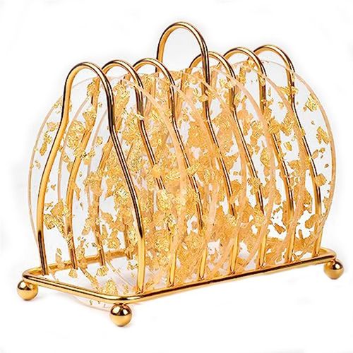 6 PièCes Sous-Verres en Acrylique Feuille D'Or avec Support, Ensemble de Dessous Verre pour Barre Protection Table DéCor Cuisine à