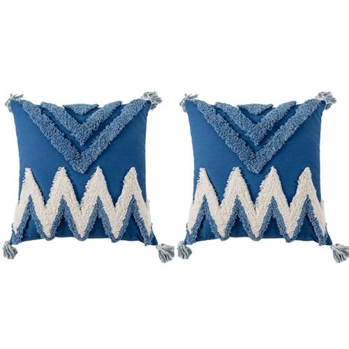 2X Coussin Couvre Boho Moderne Décoration Tribale Bleu Tufté Frange Gland Housse de pour Chambre Salon Canapé Car-Square