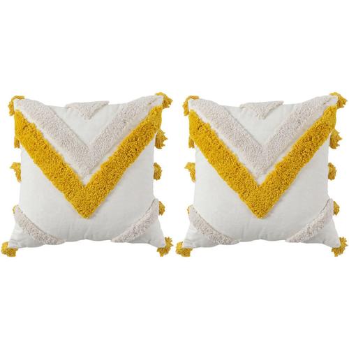 2X Coussin Couvre Boho Moderne DéCoration Tribale Bleu Tufté Frange Gland Housse de pour Chambre Salon Canapé Car-Carré Jaune