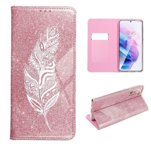 Etui Rabat Oppo Reno 4z Paillettes Rose Plumes Blanc