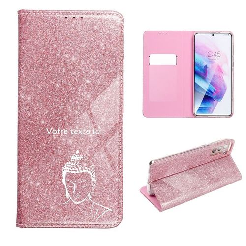Etui Rabat Oppo Reno 4z Paillettes Rose Bouddha Blanc Personnalisee