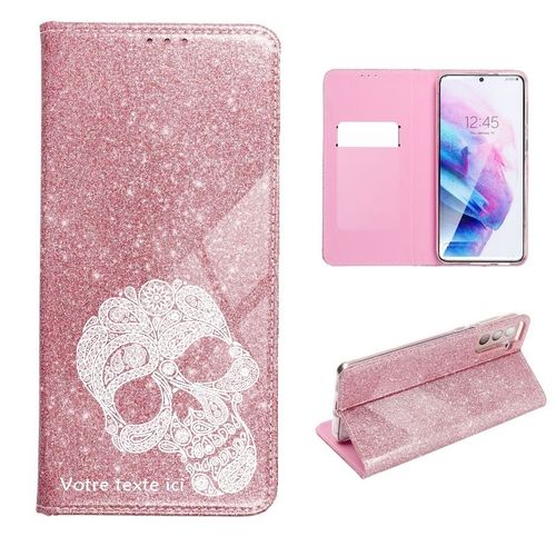 Etui Rabat Oppo Reno 4z Paillettes Rose Mort Dentelle Blanche Personnalisee