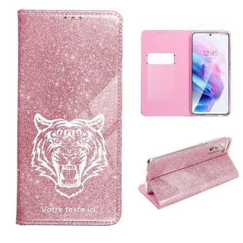 Etui Rabat Oppo Reno 4z Paillettes Rose Tigre Blanc