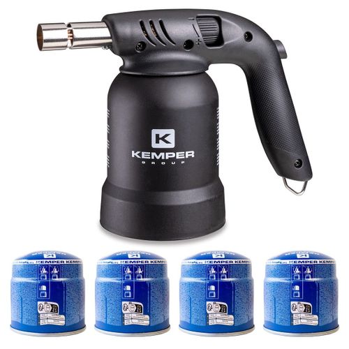 Lampe à souder à gaz Professionnelle Utilisation 360° Chalumeau Gaz Allumage piezo 4 Cartouches gaz Perçables KEMPER