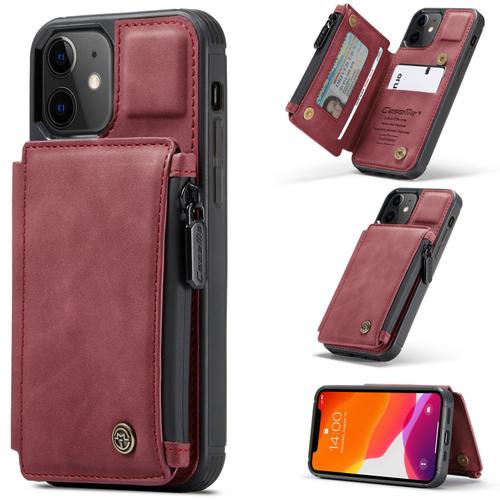 Coque Iphone 12 Pro,Etui Portefeuille 3 Emplacements Pour Cartes, 1 Money Pocket,Portefeuille À Fermeture À Glissière Pour Étui Iphone 12 Pro,Rouge