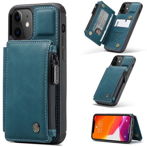 Coque Iphone 12 Pro,Etui Portefeuille 3 Emplacements Pour Cartes, 1 Money Pocket,Portefeuille À Fermeture À Glissière Pour Étui Iphone 12 Pro,Bleu